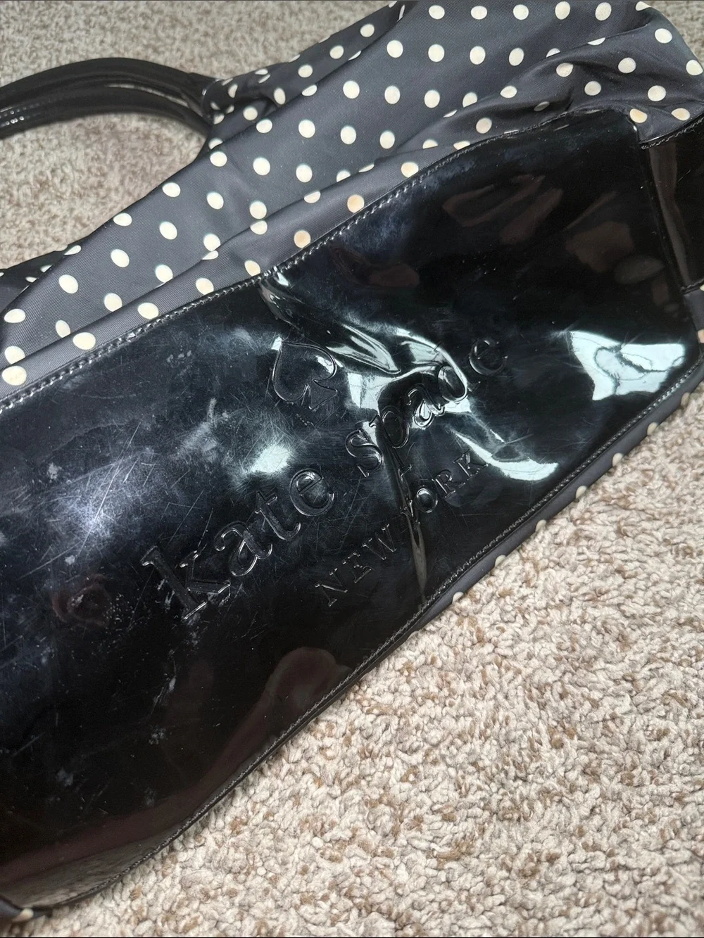 Kate Spade Stevie polka dot nylon Purse bag black patent leather handles